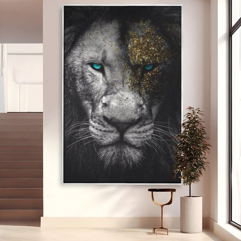Tablou canvas cu tablou canvas cu leu si ochi albastri, in rama de aluminiu argintiu